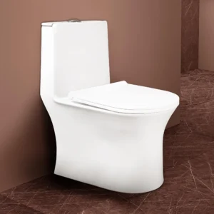 Hindware Italian Collection One-piece Fabio Floor Mount Western Commode for Bathroom | Made of Ceramic | S-220 Trap | Syphonic Flush | Rimless | Soft Close | Star White | Oval Shape | 10-Year Warranty