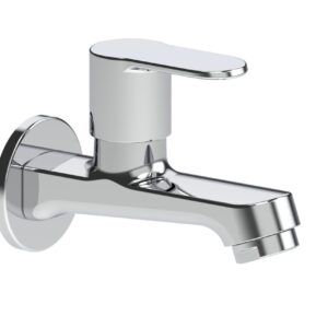 Hindware Long Body Bib Cock with Wall Flange Studio Series Silver Stainless Steel Chrome Finish, F690006