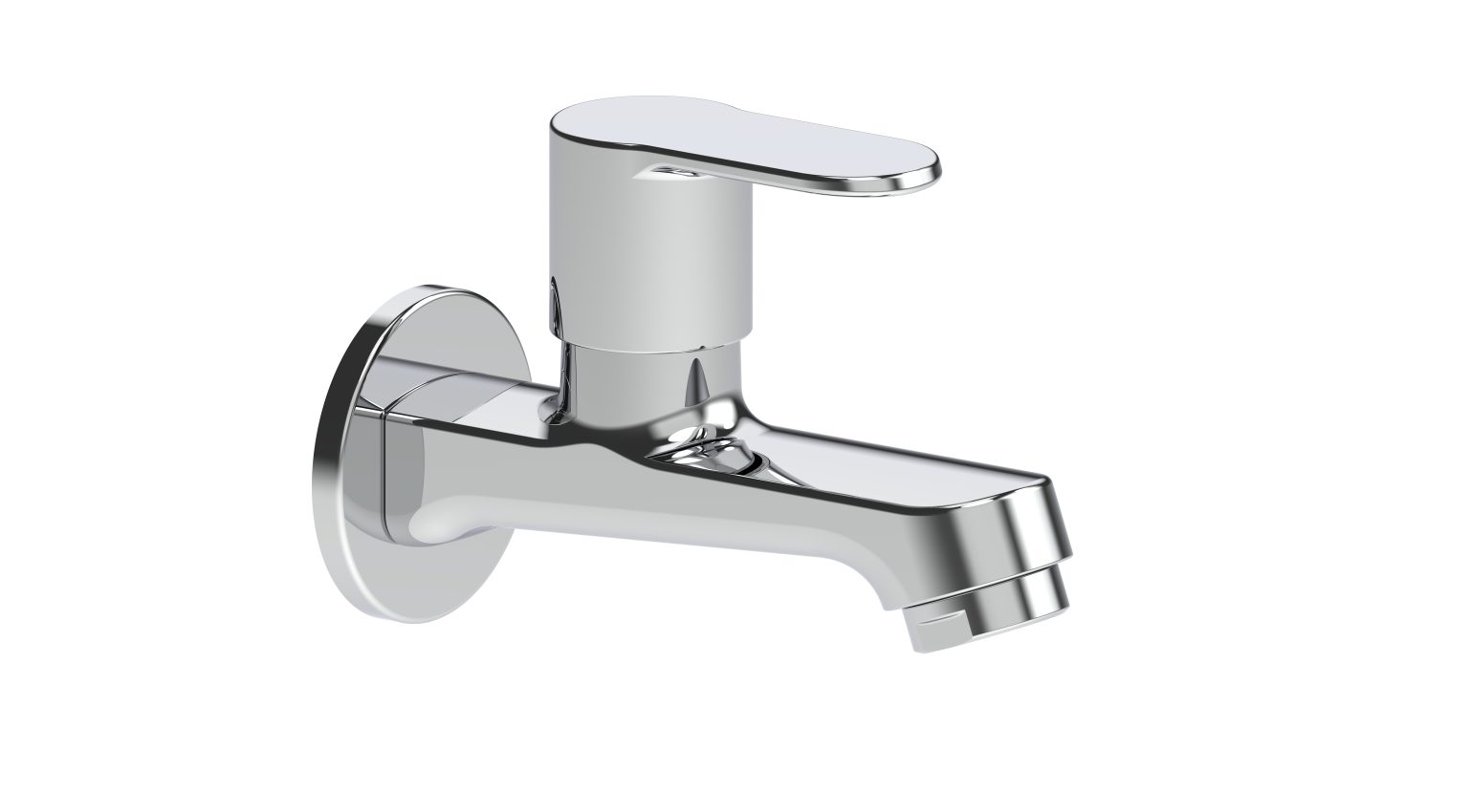 Hindware Long Body Bib Cock with Wall Flange Studio Series Silver Stainless Steel Chrome Finish, F690006